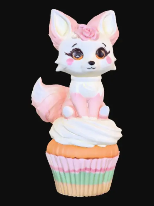 3D model for Stylized chibie cute fantastique fox made of whipped cream. Ice cream. Sitting in a cake of ice-cream cup or Cupcake. 
, #food#, 
, #food#
