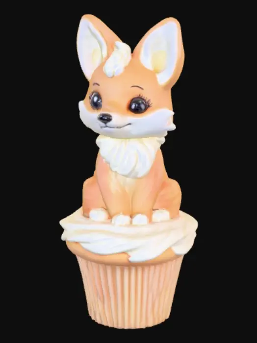 3D model for Stylized chibie cute fantastique fox made of whipped cream. Ice cream. Sitting in a cake of ice-cream cup or Cupcake. 
, #food#, 
, #food#