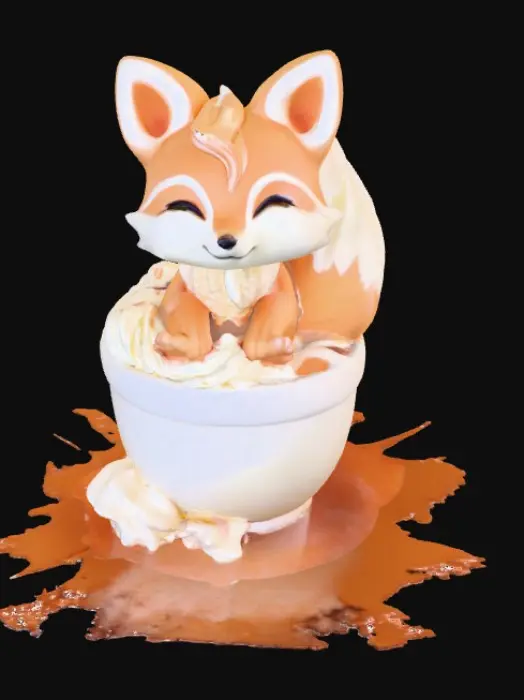 3D model for Stylized chibie cute fantastique fox made of whipped cream. Ice cream. Sitting in a cake of ice-cream cup or Cupcake. 
, #food#, 
, #food#