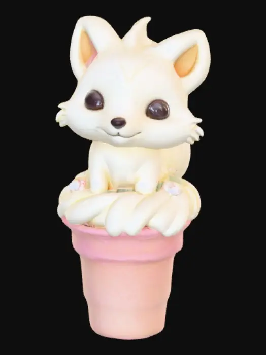 3D model for Stylized chibie cute fantastique fox made of whipped cream. Ice cream. Sitting in a cake of ice-cream cup or Cupcake. 
, #food#, 
, #food#