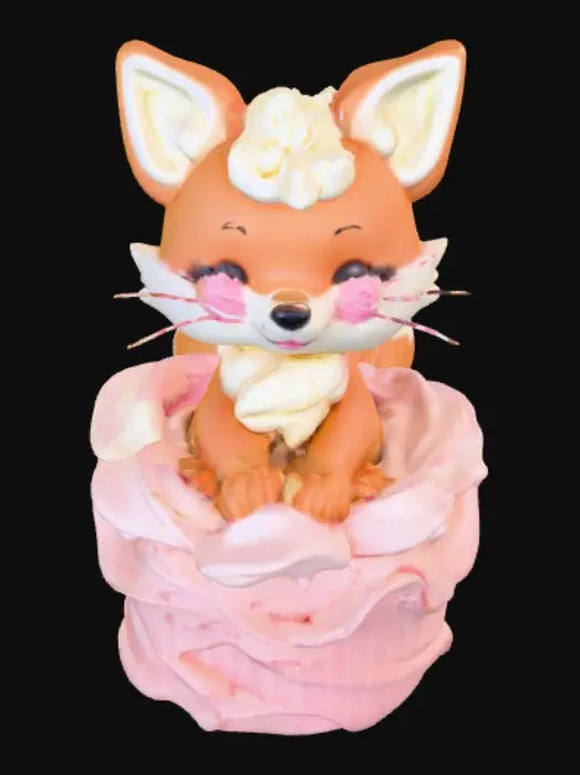 3D model for Stylized chibie cute fantastique fox made of whipped cream. Ice cream. Sitting in a cake of ice-cream cup or Cupcake. 
, #food#, 
, #food#