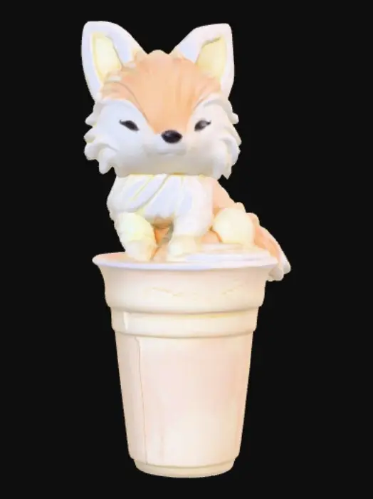 3D model for Stylized chibie cute fantastique fox made of whipped cream. Ice cream. Sitting in a cake of ice-cream cup or Cupcake. 
, #food#, 
, #food#
