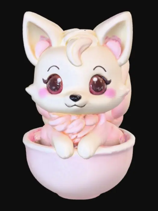3D model for Stylized chibie cute fantastique fox made of whipped cream. Ice cream. Sitting in a cake of ice-cream cup or Cupcake. 
, #food#, 
, #food#