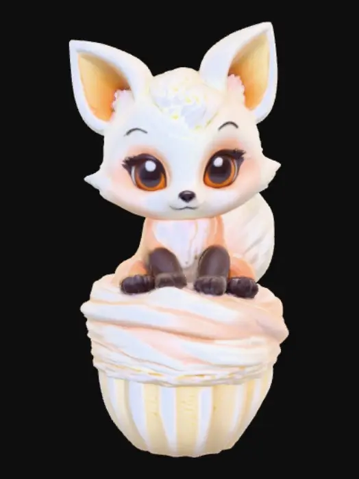 3D model for Stylized chibie cute fantastique fox made of whipped cream. Ice cream. Sitting in a cake of ice-cream cup or Cupcake. 
, #food#, 
, #food#