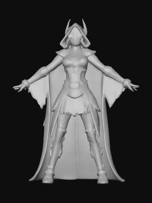 3D model for Stylized disney villain like female with big large head. soft jawline, high cheekbones, full lips, and large almond eyes. Neck is slender, leading to narrow shoulders and toned arms with short forearms and elegant hands. Torso is compact with a very narrow waist and subtle abs. Chest is natural and proportional. Hips are wide, flowing into full, rounded thighs. Legs are long and thin with gentle muscle definition in calves and smooth knees. Feet are small and arched, toes delicately sculpted. Overall silhouette is graceful, animation-friendly, and grounded in stylized realism wearing Fantasy Video game costume, in a T-Pose, leg are not touching. new Disney 3d model style or pixar stylized animated models features, MOBA RPG Digital concept art Costume., #villain#, #villain#, #villain#,