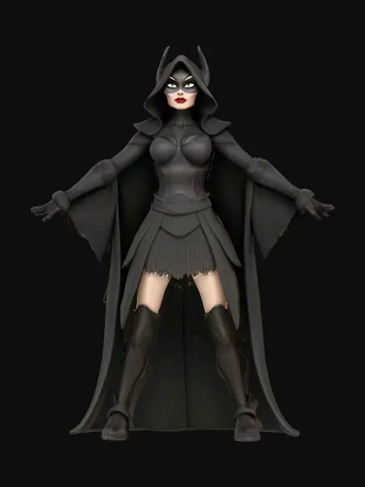 3D model for Stylized disney villain like female with big large head. soft jawline, high cheekbones, full lips, and large almond eyes. Neck is slender, leading to narrow shoulders and toned arms with short forearms and elegant hands. Torso is compact with a very narrow waist and subtle abs. Chest is natural and proportional. Hips are wide, flowing into full, rounded thighs. Legs are long and thin with gentle muscle definition in calves and smooth knees. Feet are small and arched, toes delicately sculpted. Overall silhouette is graceful, animation-friendly, and grounded in stylized realism wearing Fantasy Video game costume, in a T-Pose, leg are not touching. new Disney 3d model style or pixar stylized animated models features, MOBA RPG Digital concept art Costume., #villain#, #villain#, #villain#,