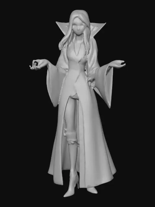 3D model for Stylized disney villain like female with big large head. soft jawline, high cheekbones, full lips, and large almond eyes. Neck is slender, leading to narrow shoulders and toned arms with short forearms and elegant hands. Torso is compact with a very narrow waist and subtle abs. Chest is natural and proportional. Hips are wide, flowing into full, rounded thighs. Legs are long and thin with gentle muscle definition in calves and smooth knees. Feet are small and arched, toes delicately sculpted. Overall silhouette is graceful, animation-friendly, and grounded in stylized realism wearing Fantasy Video game costume, in a T-Pose, leg are not touching. new Disney 3d model style or pixar stylized animated models features, MOBA RPG Digital concept art Costume., #villain#, #villain#, #villain#,