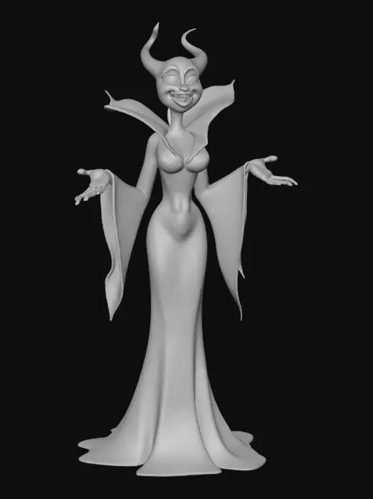 3D model for Stylized disney villain like female with big large head. soft jawline, high cheekbones, full lips, and large almond eyes. Neck is slender, leading to narrow shoulders and toned arms with short forearms and elegant hands. Torso is compact with a very narrow waist and subtle abs. Chest is natural and proportional. Hips are wide, flowing into full, rounded thighs. Legs are long and thin with gentle muscle definition in calves and smooth knees. Feet are small and arched, toes delicately sculpted. Overall silhouette is graceful, animation-friendly, and grounded in stylized realism wearing Fantasy Video game costume, in a T-Pose, leg are not touching. new Disney 3d model style or pixar stylized animated models features, MOBA RPG Digital concept art Costume., #villain#, #villain#, #villain#,