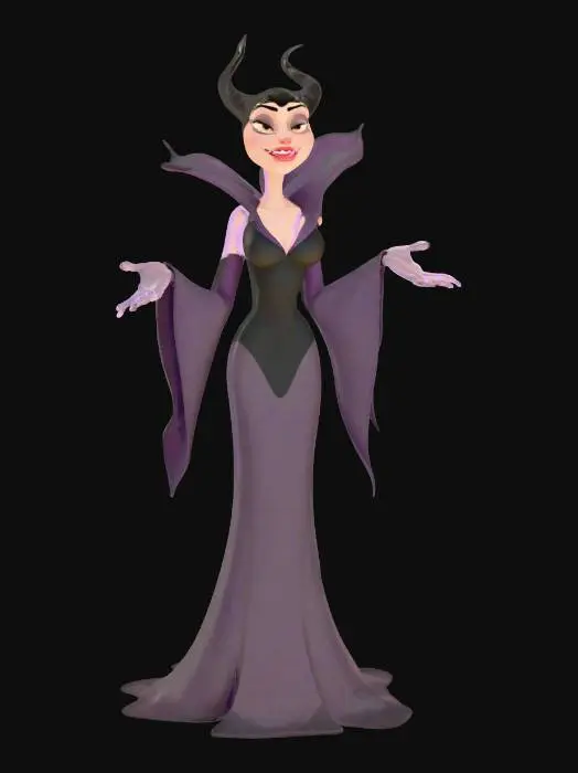 3D model for Stylized disney villain like female with big large head. soft jawline, high cheekbones, full lips, and large almond eyes. Neck is slender, leading to narrow shoulders and toned arms with short forearms and elegant hands. Torso is compact with a very narrow waist and subtle abs. Chest is natural and proportional. Hips are wide, flowing into full, rounded thighs. Legs are long and thin with gentle muscle definition in calves and smooth knees. Feet are small and arched, toes delicately sculpted. Overall silhouette is graceful, animation-friendly, and grounded in stylized realism wearing Fantasy Video game costume, in a T-Pose, leg are not touching. new Disney 3d model style or pixar stylized animated models features, MOBA RPG Digital concept art Costume., #villain#, #villain#, #villain#,