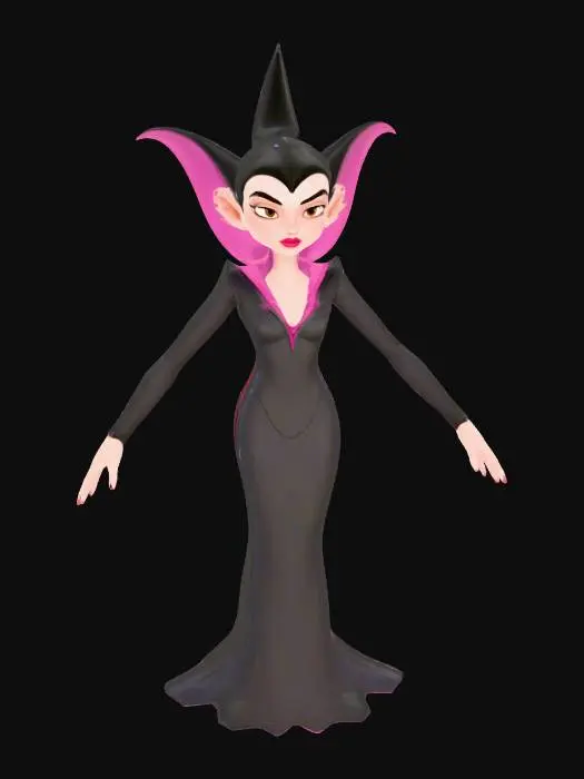 3D model for Stylized disney villain like female with big large head. soft jawline, high cheekbones, full lips, and large almond eyes. Neck is slender, leading to narrow shoulders and toned arms with short forearms and elegant hands. Torso is compact with a very narrow waist and subtle abs. Chest is natural and proportional. Hips are wide, flowing into full, rounded thighs. Legs are long and thin with gentle muscle definition in calves and smooth knees. Feet are small and arched, toes delicately sculpted. Overall silhouette is graceful, animation-friendly, and grounded in stylized realism wearing Fantasy Video game costume, in a T-Pose, leg are not touching. new Disney 3d model style or pixar stylized animated models features, MOBA RPG Digital concept art Costume., #villain#, #villain#, #villain#,