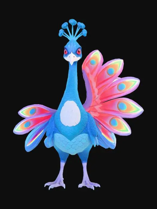 3D model for Stylized, anime like peacock mythical creature or fantasy creature gliding, open mouth wide open wings, T pose. Flying