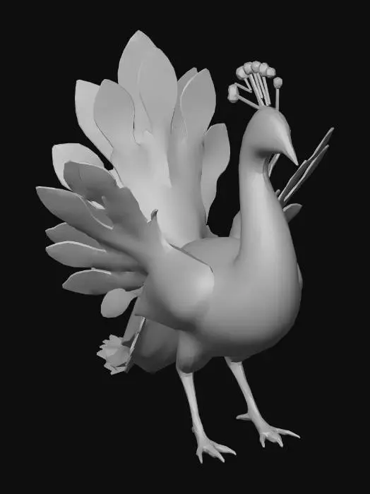 3D model for Stylized, anime like peacock mythical creature or fantasy creature gliding, open mouth