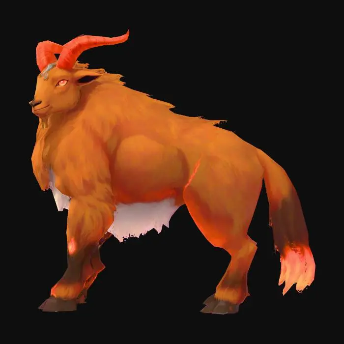 3D model for anime like pokemon, spiritual pets. fantasy,Big and muscular elemental. fire Goat, wooly goat, mature adult, Hell, demon goat, horn of fire. fire hoof fire eyes