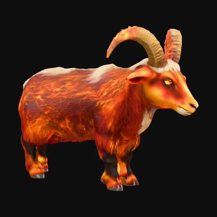 3D model for anime like pokemon, spiritual pets. fantasy,Big and muscular elemental. fire Goat, wooly goat, mature adult, Hell, demon goat, horn of fire. fire hoof fire eyes. massive. demon