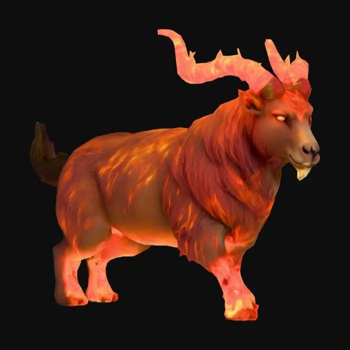 3D model for anime like pokemon, spiritual pets. fantasy,Big and muscular elemental. fire Goat, wooly goat, mature adult, Hell, demon goat, horn of fire. fire hoof fire eyes. massive. demon
