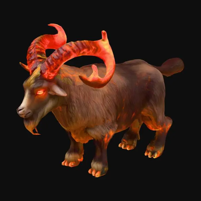 3D model for anime like pokemon, spiritual pets. fantasy,Big and muscular elemental. fire Goat, wooly goat, mature adult, Hell, demon goat, horn of fire. fire hoof fire eyes. massive. demon