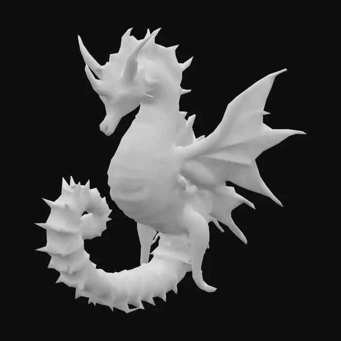 3D model for A magnificent, imposing seahorse, scaled for battle, boasts a robust, armored body of deep sapphire blue, with iridescent scales that shift to emerald green along its ridge and fins. Its powerful, prehensile tail is coiled, ready for propulsion, and its large eyes convey ancient wisdom. It wears a saddle crafted from polished, hardened coral and tough, woven bioluminescent kelp, secured by a complex bridle of similar materials, giving it a rigid yet organic feel.