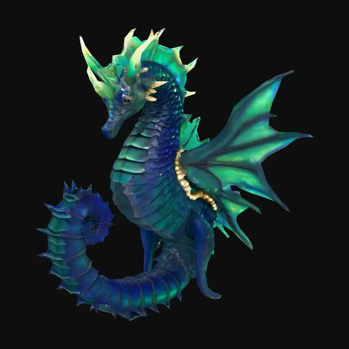 3D model for A magnificent, imposing seahorse, scaled for battle, boasts a robust, armored body of deep sapphire blue, with iridescent scales that shift to emerald green along its ridge and fins. Its powerful, prehensile tail is coiled, ready for propulsion, and its large eyes convey ancient wisdom. It wears a saddle crafted from polished, hardened coral and tough, woven bioluminescent kelp, secured by a complex bridle of similar materials, giving it a rigid yet organic feel.