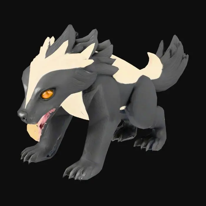 3D model for south african Honey Badger, anime like pokemon, spiritual pets. fantasy,Stylized, epic and magestic south african Honey Badger. fierce, mature, black and white badger