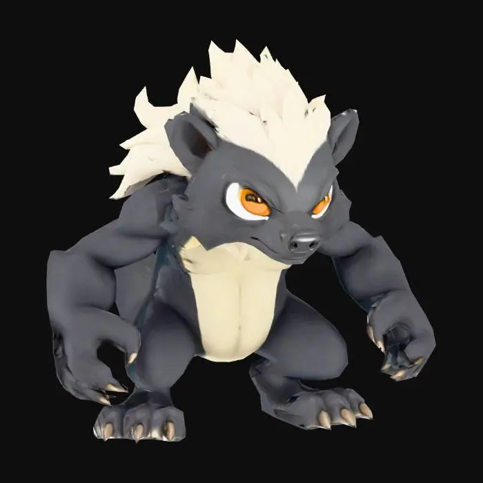 3D model for south african Honey Badger, anime like pokemon, spiritual pets. fantasy,Stylized, epic and magestic south african Honey Badger. fierce, mature, black and white badger