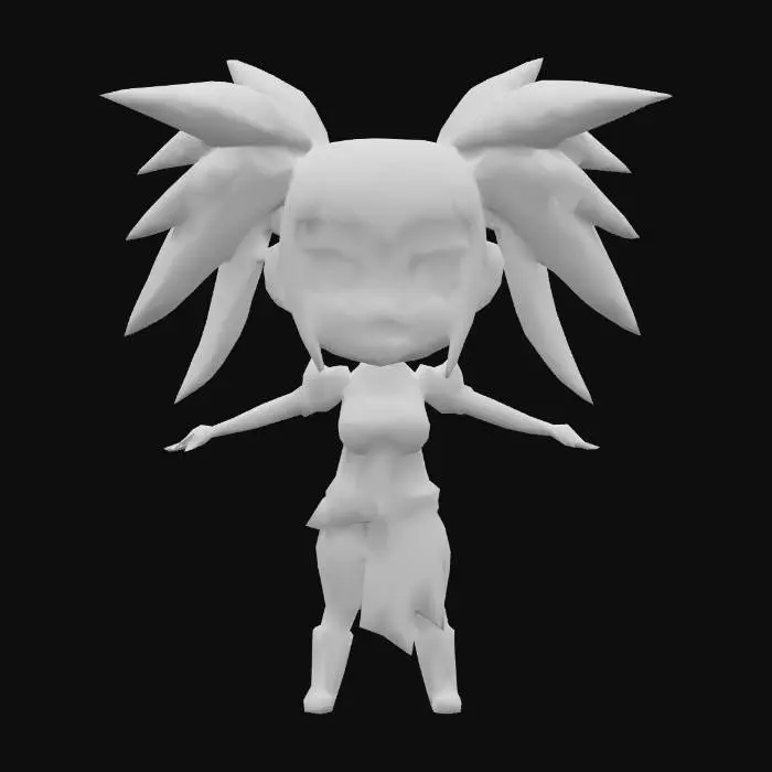 3D model for Costume, stylized, Cute. 
Stylized female fantasy character Costume, stylized, Cute. in a whimsical, semi-realistic style. Large expressive eyes, slightly oversized head, slim waist, and compact limbs. Voluminous windswept hair, confident facial expression. Inspired by animated fantasy games and collectible figurines. Clean T-pose, focus on costume and silhouette.
