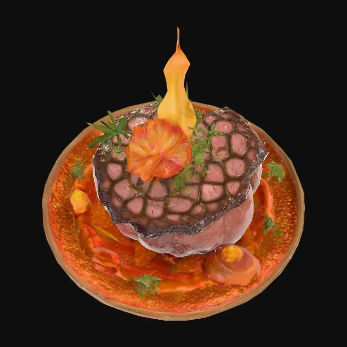 3D model for Create a collection of funny and surreal food dishes using imaginary or mythical creatures as the main ingredients. Each dish should look like a gourmet restaurant plate, with detailed garnishes and sides. Include whimsical features like cooked steak or ham, roasted veggies. Use unexpected flavor combinations and humorous plating, The creatures can be fantasy animals. Keep the style lighthearted, absurd, and visually rich, #food#, #food#