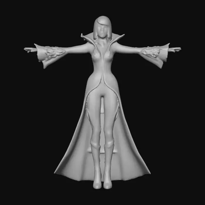 3D model for Stylized disney villain like female with big large head. soft jawline, high cheekbones, full lips, and large almond eyes. Neck is slender, leading to narrow shoulders and toned arms with short forearms and elegant hands. Torso is compact with a very narrow waist and subtle abs. Chest is natural and proportional. Hips are wide, flowing into full, rounded thighs. Legs are long and thin with gentle muscle definition in calves and smooth knees. Feet are small and arched, toes delicately sculpted. Overall silhouette is graceful, animation-friendly, and grounded in stylized realism wearing Fantasy Video game costume, in a T-Pose, leg are not touching. new Disney 3d model style or pixar stylized animated models features, MOBA RPG Digital concept art Costume., #villain#, #villain#, #villain#,