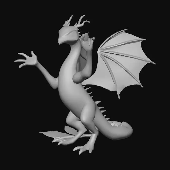 3D model for Stylized wyvern with peacock feature or fantasy creature gliding, open mouth with teeth. T pose. no arm