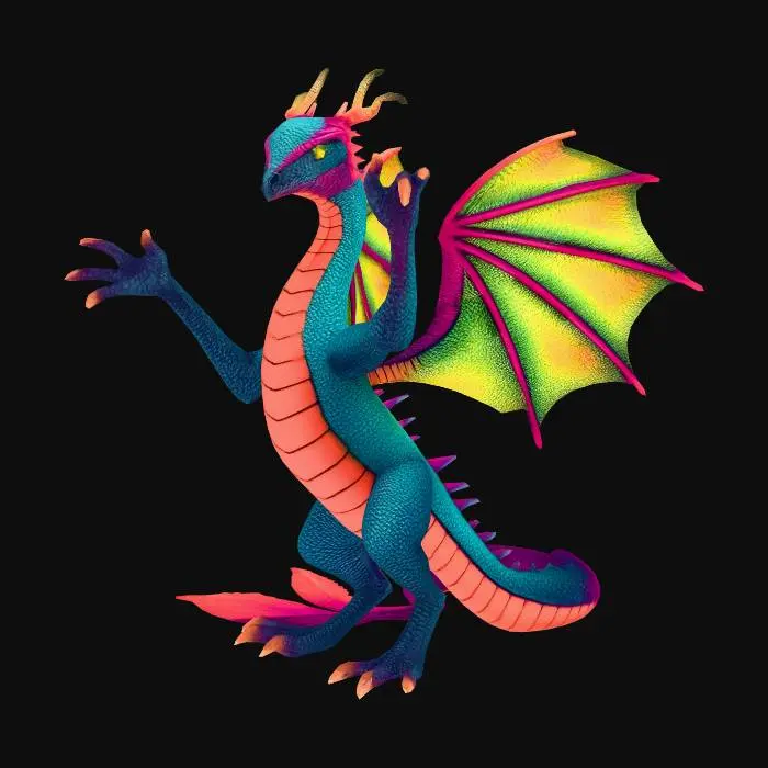 3D model for Stylized wyvern with peacock feature or fantasy creature gliding, open mouth with teeth. T pose. no arm