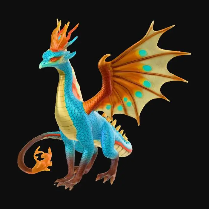 3D model for Stylized, peacock colored mythical dragon phoenix creature or fantasy creature gliding, open mouth wide open wings, T pose. Flying gliding