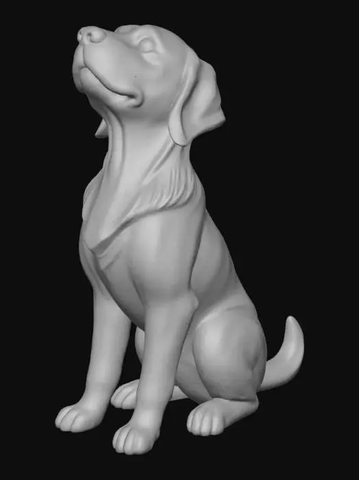 3D model for a young golden retriever sitting at attention head looking up, clean lines. smooth service elegant
