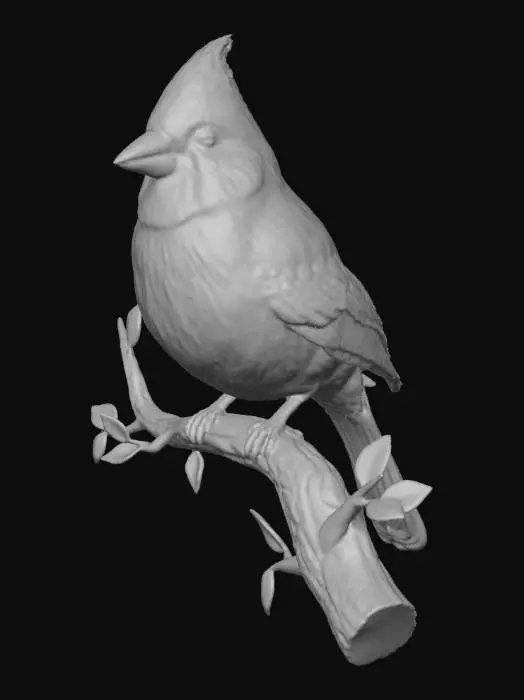 3D model for a red cardinal on a branch the ends below the bird