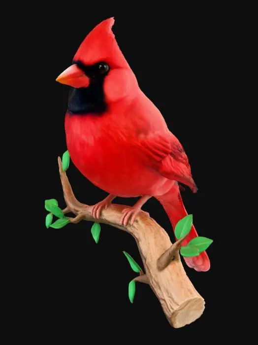 3D model for a red cardinal on a branch the ends below the bird