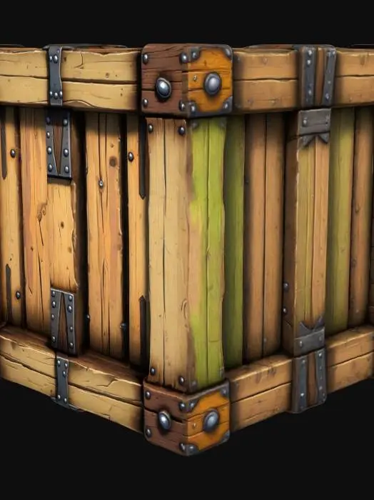 3D model for A stylized wooden crate with bold, cartoony proportions. Thick wooden planks with deep grooves and beveled edges. Slightly worn and chipped corners. Bright, hand-painted textures with metal rivets or bands on the edges. Inspired by platformer games like Crash Bandicoot. Game-ready, low-poly, and UV-mapped.