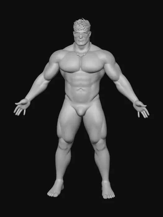 3D model for 一个强壮的男子，络腮胡，穿着白色小三角泳裤。有体毛，胸毛茂密。小麦肤色。全身图。戴墨镜。