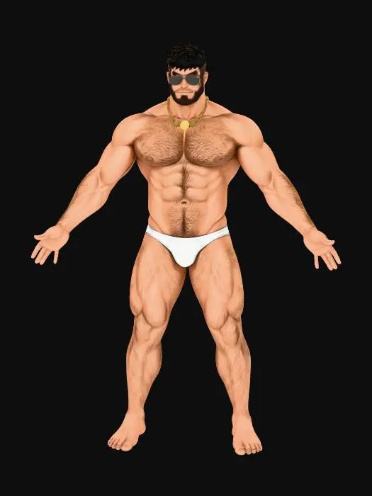 3D model for 一个强壮的男子，络腮胡，穿着白色小三角泳裤。有体毛，胸毛茂密。小麦肤色。全身图。戴墨镜。