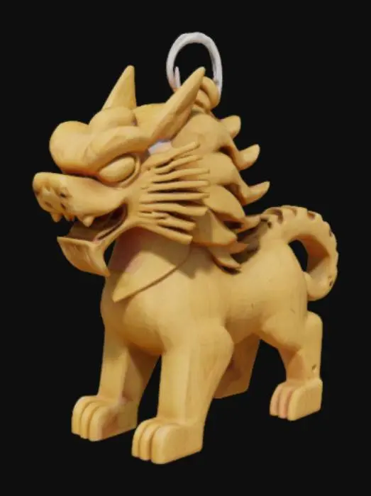 3D model for Generate a Vietnamese Qilin or Chinese Lion Dance keychain with wooden texture, smoooth, simple details