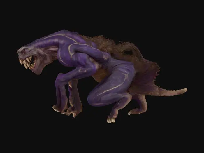 3D model for A monstrous, semi-humanoid creature with a grotesquely massive, bulging torso and disproportionately crooked limbs, suggesting immense, gnarled power. Its skin appears to be a thick, leathery hide, mottled with dark, earthy tones of bruised purples and deep greys, giving it a rough, scaly texture. The creature's enormous jaw is distended, agape in a terrifying snarl, revealing rows of jagged, yellowish teeth that gleam with a predatory, bone-like quality. Its overall form is one of raw, horrifying might.