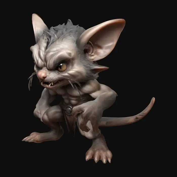 3D model for a pose 
A wererat.  Muscular body. Menacing expression.  Chibi art style. Well-proportioned.  Clearly defined features.  Highly detailed.  Highly stylized. Walls and features are at least 2mm thick.  Bold, recessed features with a depth of at least 2mm. Sharp, clean lines. Embossed features to rise at least 2mm above the surface. DND.