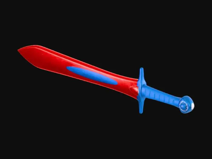 3D model for Can you make me a red sword like the foam toy jousting swords covered in loose rubber, and make it have a blue handle, with other details