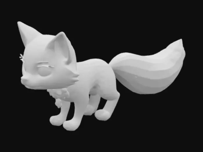 3D model for "A cute but powerful snow fox with shimmering fur that glows faintly in the moonlight. Its eyes are radiant blue, and its tail is long and wispy, trailing sparkling snowflakes. The fox wears a small golden charm on its neck shaped like a snowflake. It should have a playful yet wise expression