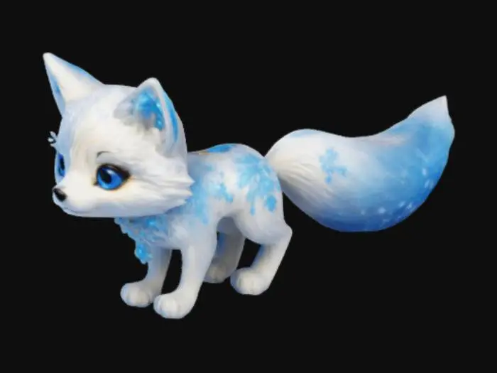 3D model for "A cute but powerful snow fox with shimmering fur that glows faintly in the moonlight. Its eyes are radiant blue, and its tail is long and wispy, trailing sparkling snowflakes. The fox wears a small golden charm on its neck shaped like a snowflake. It should have a playful yet wise expression