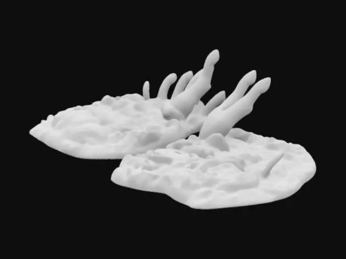 3D model for A series of mysterious snow-covered footprints with claw marks, resembling tracks of a mythical winter creature. The prints should have icy details, frost spreading around them, and faint glowing runes embedded in the snow, hinting at magic. Make them intriguing and slightly eerie.