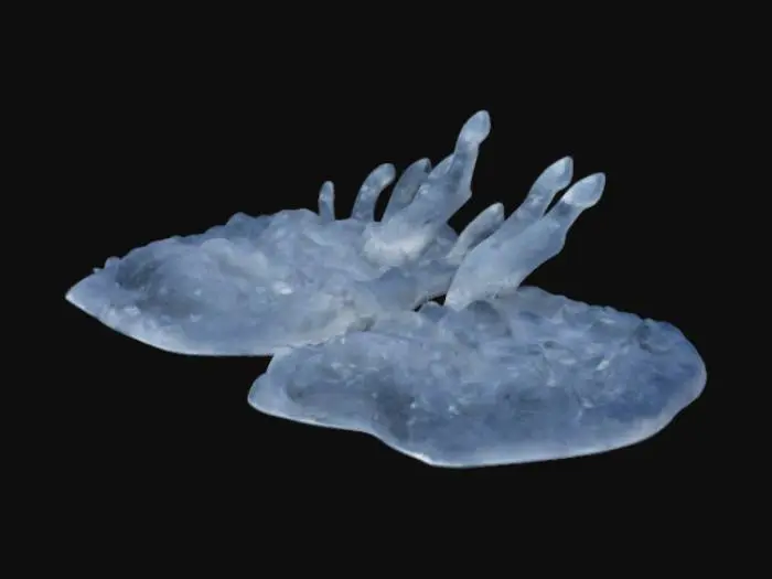 3D model for A series of mysterious snow-covered footprints with claw marks, resembling tracks of a mythical winter creature. The prints should have icy details, frost spreading around them, and faint glowing runes embedded in the snow, hinting at magic. Make them intriguing and slightly eerie.