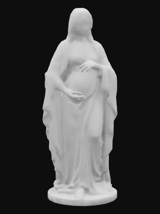 3D model for Renaissance-style statue of the Virgin Mary, gracefully pregnant. Carved in white marble, her flowing robes have intricate details, and her serene face radiates peace. Her hands gently rest on her round belly, symbolizing maternal love. The drapery has a natural sense of movement, and her delicately carved curls add to the classical aesthetic. Soft lighting enhances the sacred atmosphere, evoking a sense of reverence and divinity.