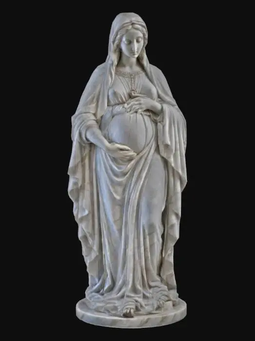 3D model for Renaissance-style statue of the Virgin Mary, gracefully pregnant. Carved in white marble, her flowing robes have intricate details, and her serene face radiates peace. Her hands gently rest on her round belly, symbolizing maternal love. The drapery has a natural sense of movement, and her delicately carved curls add to the classical aesthetic. Soft lighting enhances the sacred atmosphere, evoking a sense of reverence and divinity.