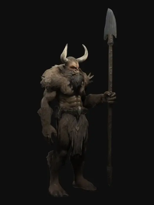 3D model for A tall and imposing Bugbear, with a wiry yet muscular build that conveys agility and power. His fur is dark and slightly unkempt, with deep shadows naturally forming around his features, accentuating his mysterious and stealthy nature. His eyes gleam with a faint, spectral glow.
He wields a long, sleek spear with a dark wooden shaft, etched with faintly glowing runes or patterns resembling flowing shadows. 
He also has daggers sheathed on his belt
