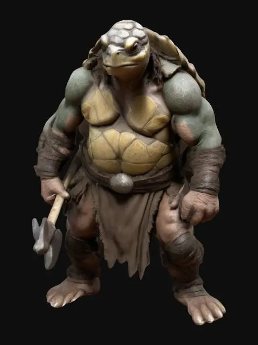 3D model for A male Tortle Barbarian wielding a two handed maul made of the world tree. The maul has markings and the Tortles Shell is etched with runes. He is of average height but is imposing slow and steady