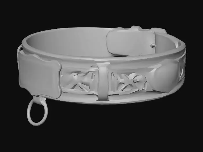 3D model for A collar to be worn around the neck. It's main strap is leather. It has golden  metal accents. It has a blank ornate nameplate on the front. It has an attachment point for a leash beneath the nameplate. The leather is black, the accents are cyan. It had gold metal trim. It exudes wealth and status.