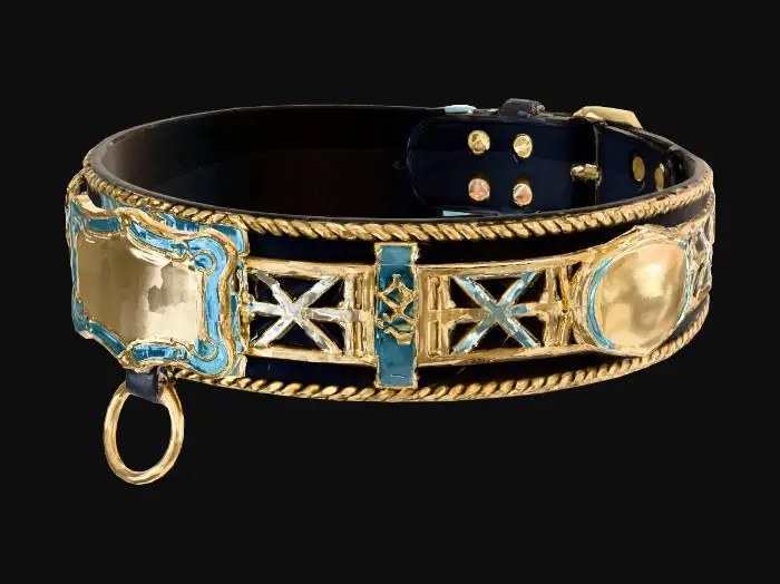 3D model for A collar to be worn around the neck. It's main strap is leather. It has golden  metal accents. It has a blank ornate nameplate on the front. It has an attachment point for a leash beneath the nameplate. The leather is black, the accents are cyan. It had gold metal trim. It exudes wealth and status.